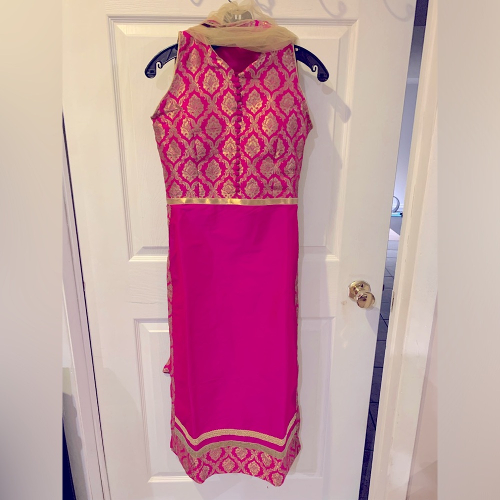 Fuscia pink and gold suit with pajami & dupatta